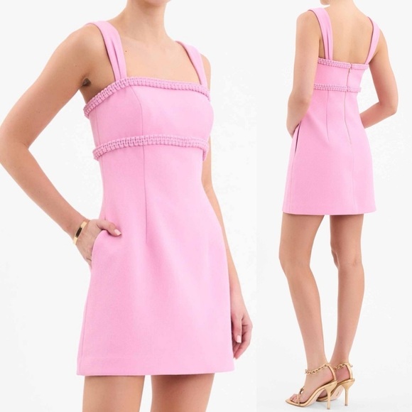 Rebecca Vallance- Pink Square Neck Braid Detail Rochelle Mini Dress Size 6 - Picture 2 of 12